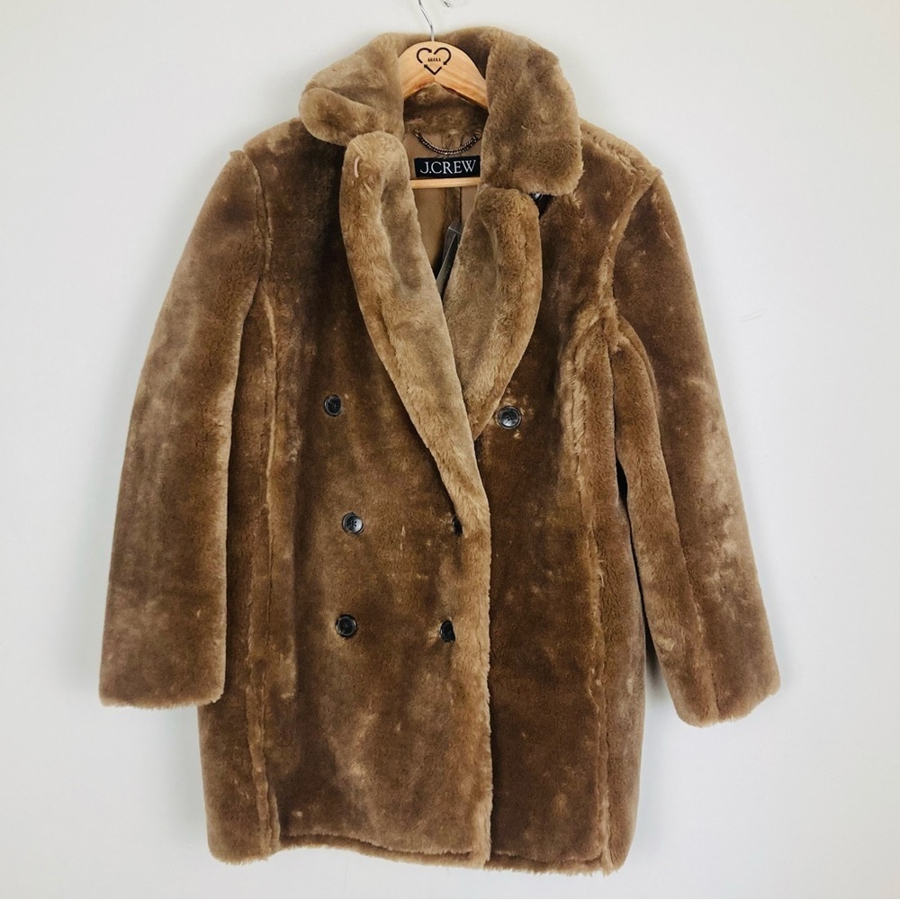 New with tags J. Crew brown faux fur double breasted coat. Size XS - Picture 2 of 9